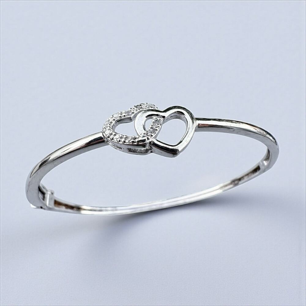 Sterling Silver Diamond Double Heart Bangle Bracelet 925 Sweetheart 1/10ct